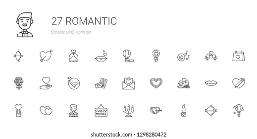 romantic icons set. Collection of romantic with lipstick, heart, candelabra, just married, groom, hearts, hot air balloon, newlyweds, love letter. Editable and scalable romantic icons.