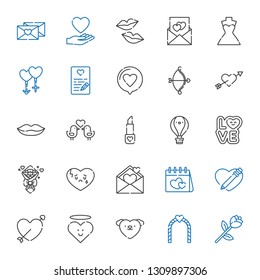 romantic icons set. Collection of romantic with rose, wedding arch, love, heart, cupid, valentines day, love letter, broken heart, bouquet. Editable and scalable romantic icons.