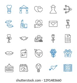 romantic icons set. Collection of romantic with wedding video, cupid, hot air balloon, valentines day, just married, heart, bouquet, in love. Editable and scalable romantic icons.