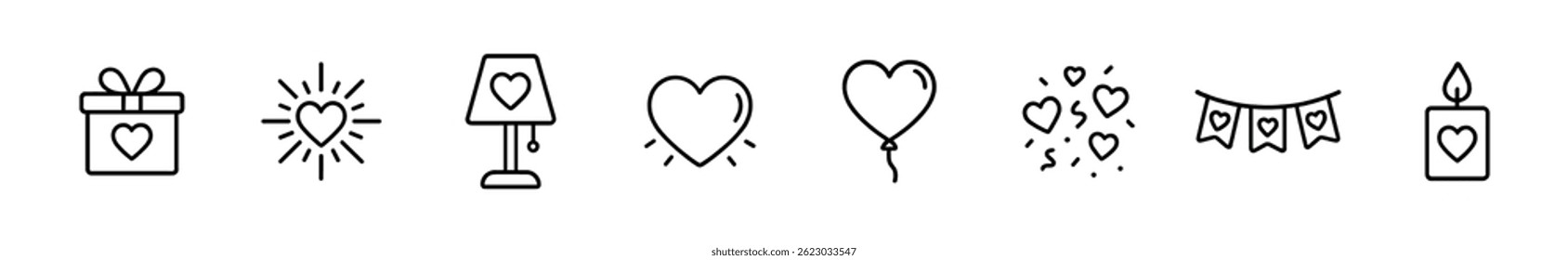 Romantic icons set: gifts, lamps, balloons, candles, and banners. Vector outline icons