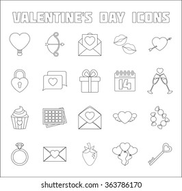 Romantic Icons Set. Valentine's day Objects. Love Vector Illustration. Thin Line Styled.