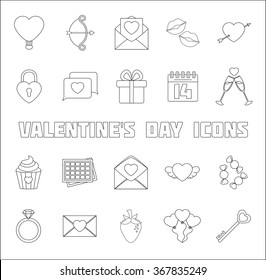 Romantic Icons Set. Valentine's day Objects. Love Vector Illustration. Thin Line Styled.