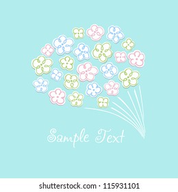 Romantic illustrated background with cute bunch of flowers and place for your text. Template for greeting card with hand drawn flowers