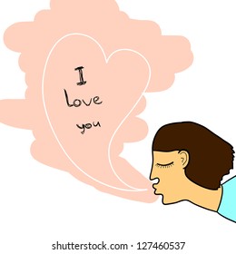 A romantic illustrated card featuring a person's profile (can be both male or female) with a heart-shaped bubble coming out of its mouth saying I Love You. Valentine's card.