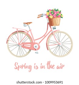 Romantic illustration about spring featuring a bicycle with a flower basket in pastel colours. Vector illustration.