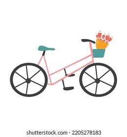 Ilustración romántica sobre la primavera con una bicicleta con una cesta de flores en colores pastel. Ilustración vectorial.