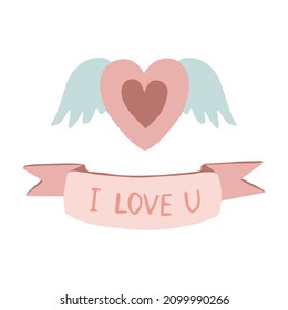 Romantic illustration of angel wings heart and a ribbon with saying i love you