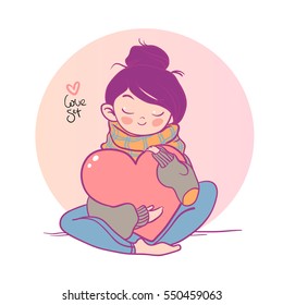 Romantic Illustration with a beautiful girl and heart. Vector illustration for holiday design, Valentines day greetings.