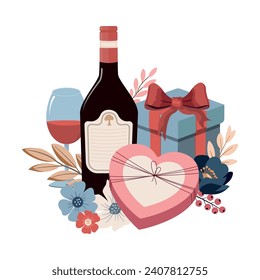 Romantic illustration with bottle of wine, candies and present. Mother's day design. Valentine's Day cute illustrations. Isolated on white background