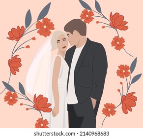 A romantic illustration of the bride and groom on a delicate floral background. Suitable for a wedding card, invitation