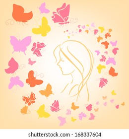 romantic illustration with butterflies and girl silhouette. vector illustration