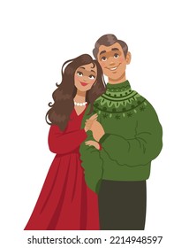 Romantic illustration with cartoon cute couple. Happy people. Vector illustration