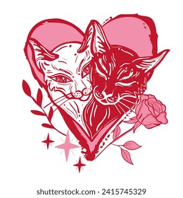 Romantic illustration with cats sitting together shaped like a heart, wedding concept, greeting card for valentine day