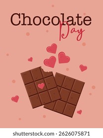 Romantic illustration of Chocolate Day with two chocolate bars, pink hearts, and a sweet love theme on a pink background. Perfect for Valentine's Day or love-themed designs.