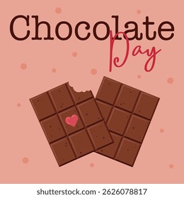 Romantic illustration of Chocolate Day with two chocolate bars, pink hearts, and a sweet love theme on a pink background. Perfect for Valentine's Day or love-themed designs.