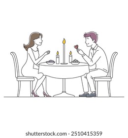 Romantic illustration of a couple enjoying a candlelit dinner together, surrounded by a warm and inviting atmosphere doodle continuous line art vector illustration.