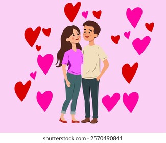 Romantic illustration of a couple standing together, surrounded by pink and red hearts on a soft pink background. Perfect for Valentine’s Day, love, or wedding themes