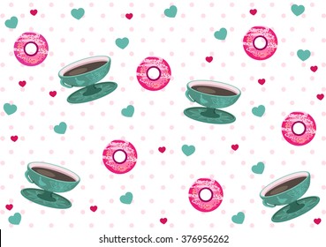 Romantic illustration, cup of coffee with donuts