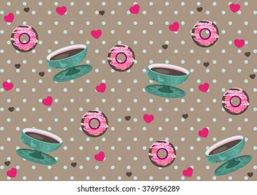 Romantic illustration, cup of coffee with donuts