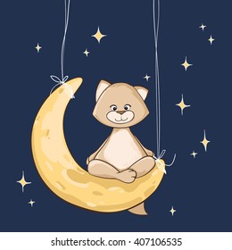 Romantic illustration cute cat on the moon. Cat vector.