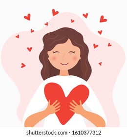  Romantic illustration with cute character. Vector smiling girl with heart. Happy Valentine's day