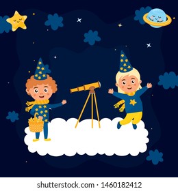 Romantic illustration with cute dreamer girl and boy. Сhildren study space and look through a telescope. Happy little astronaut.
