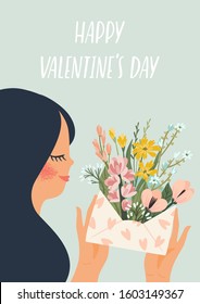 Romantic illustration with cute woman. Love, love story, relationship. Vector design concept for Valentines Day and other users.