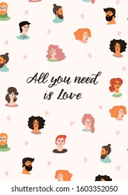 Romantic illustration with cute young women and men in love. Love story, relationship. Vector design concept for Valentines Day and other users.