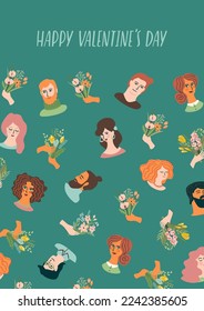 Romantic illustration with cute young women and men in love. Love story, relationship. Vector design concept for Valentines Day and other use