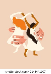 Romantic illustration with dancing women and flying birds. Feminist poster, print design or greeting card. Freedom symbol.