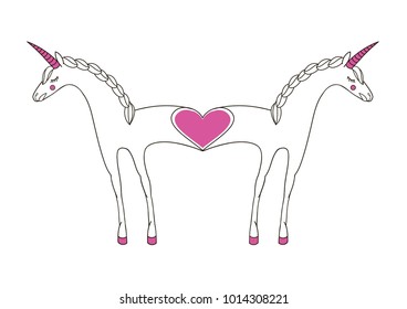 Romantic illustration with enamored unicorns. Two-in-one. An unusual illustration of a fused unicorns. Vector illustration of two unicorns