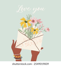 Romantic illustration. An envelope of flowers. Love, love story, relationship. Vector design concept for Valentines Day , hand drawn vector.