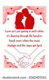 A romantic illustration featuring a couple's silhouette, surrounded by hearts and an inspirational love quote. Romantic Silhouette With Love Quote and Heart Illustrations