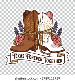 A romantic illustration featuring a pair of brown and white cowboy boots tied together with a rope, surrounded by Texas bluebonnets and pink roses.