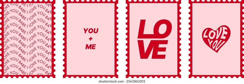 Romantic illustration featuring a set of minimalistic love-themed stamps with bold red typography on a pink background, ideal for Valentine's Day, greeting cards, posters, or design projects