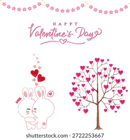 Romantic illustration featuring a tree with heart leaves and a cute bunny couple. A whimsical and sweet design for Valentine's Day backgrounds and wedding invitations.