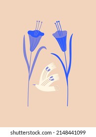 Romantic illustration with flying white bird. Poster or print design with fantasy flowers and pigeon. 