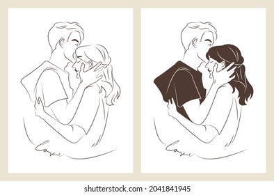 Romantic illustration with forehead kiss scene. Man kiss woman. Good for St. Valentine postcard or as illustration for posts.