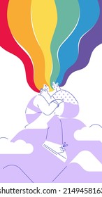 Romantic illustration with girls in love hugging in flat style with outline. Lesbian female couple sits on background of cloud. Line art. Vector template of LGBT couple. Rainbow flag of pride. Privacy