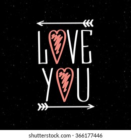 Romantic illustration ?ard handdrawn lettering on chalkboard. Happy Valentines Day card. 