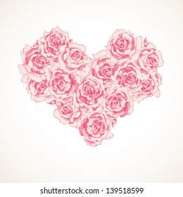 Romantic illustration of heart consisting of pink roses on white background. Floral element for wedding invitations, cards to Happy Valentine's day, romantic banners, etc. 