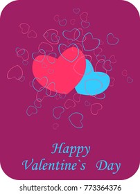 Romantic illustration with hearts of different sizes and place on a voilet background  for Valentine`s Day, wedding or original declaration of love. Hand-drawn design for card, poster, flyer, wrapping