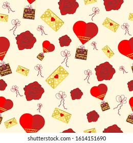 Romantic illustration with hearts and roses. seamless pattern.