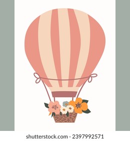 Romantic illustration with a hot air balloon and a basket of flowers. With the words "For you." For Valentine's Day. Pink, beige. brown. The colors are green. For postcards, invitations, flyers.