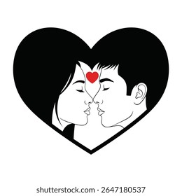 Uma ilustração romântica de um casal beijando formando uma forma de coração, simbolizando amor, paixão e Dia dos Namorados.