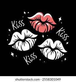 Romantic illustration with lipstick print and hand lettering kiss. Vector illustration. Love card. Good for Valentine's Day, wedding, invitations. 