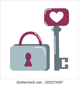Romantic illustration of a lock with a key in the shape of a heart. Element for romantic design for Valentines Day, open or closed emotions, secret feelings concept. Colorful trendy vector