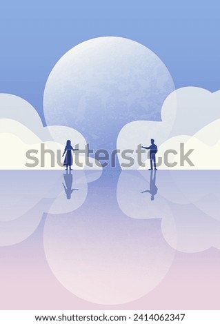 Romantic illustration of lovers dating under the moonlight. Sky with clouds aesthetic art poster.