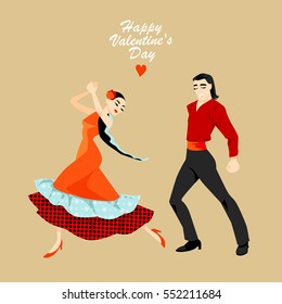 Romantic illustration of a loving couple dancing flamenco