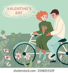 Romantic illustration. Man and woman. Love, love story, relationship. Young boy and girl in love or pair of lovers on bicycle. Flat  vector illustration for St. Valentine's Day.